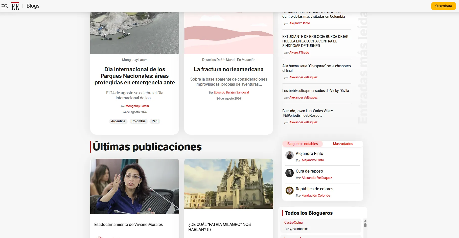 Screenshot of the El Espectador Blogs landing page