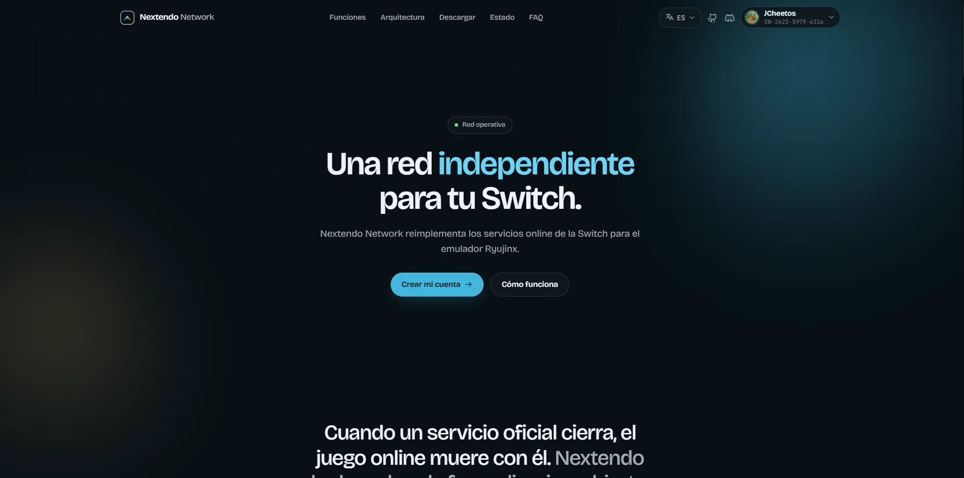 Screenshot of the Nextendo Network homepage